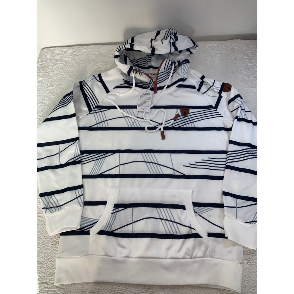 Wanakome Womens Hoodie Large White Navy Blue Striped Quarter Zip Rope Drawstring